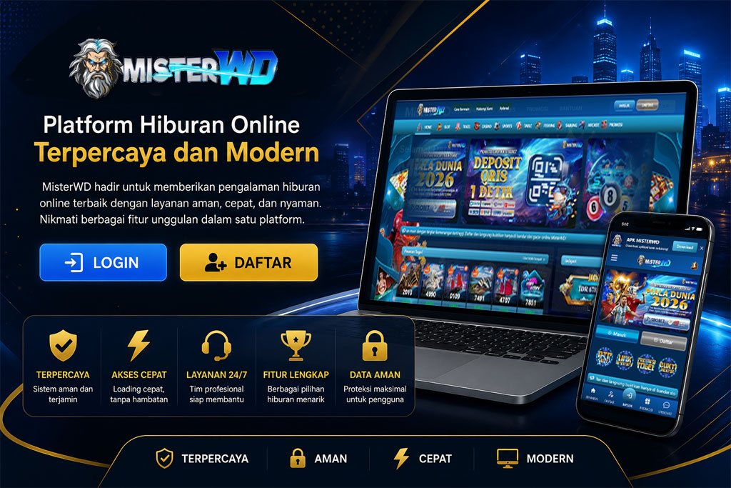 Banner promosi MISTERWD – platform hiburan online terpercaya dan modern dengan tampilan laptop dan smartphone.